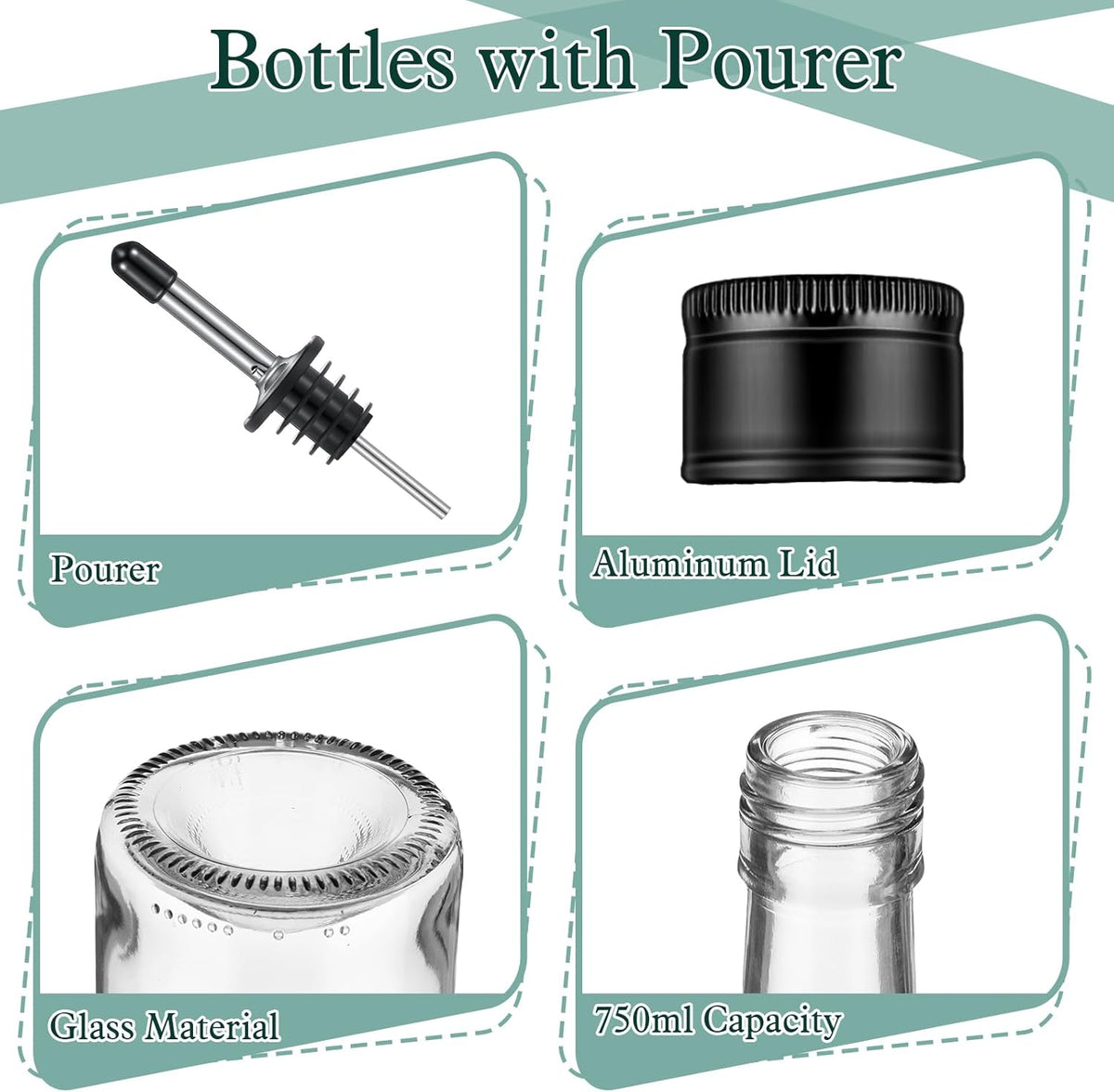 Maxdot 10 Pcs Long Neck Glass Bottles with Pourer Bordeaux Wine Bottle Clear Empty Wine Syrup Juice for Home Bar Liquor Juice Making Wedding Anniversary Party(Stainless)