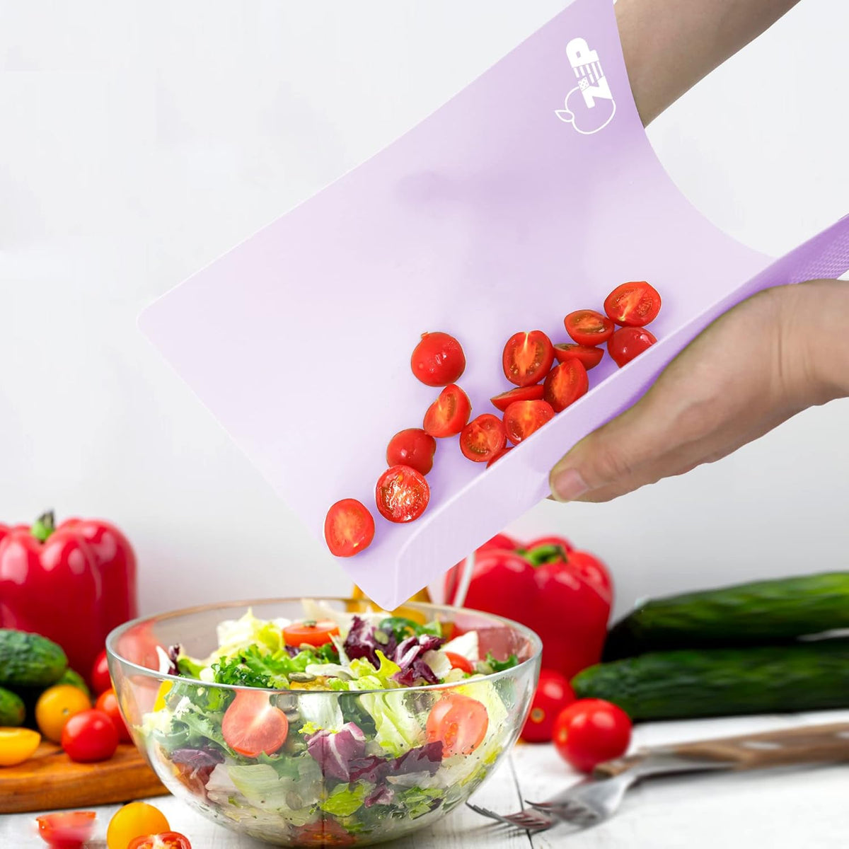 ZVP Plastic Cutting Boards for Kitchen, Flexible Cutting Mats, Gradient Purple Chopping Boards with Food Icon, Non-Slip, Non Porous, BPA Free, Dishwasher Safe