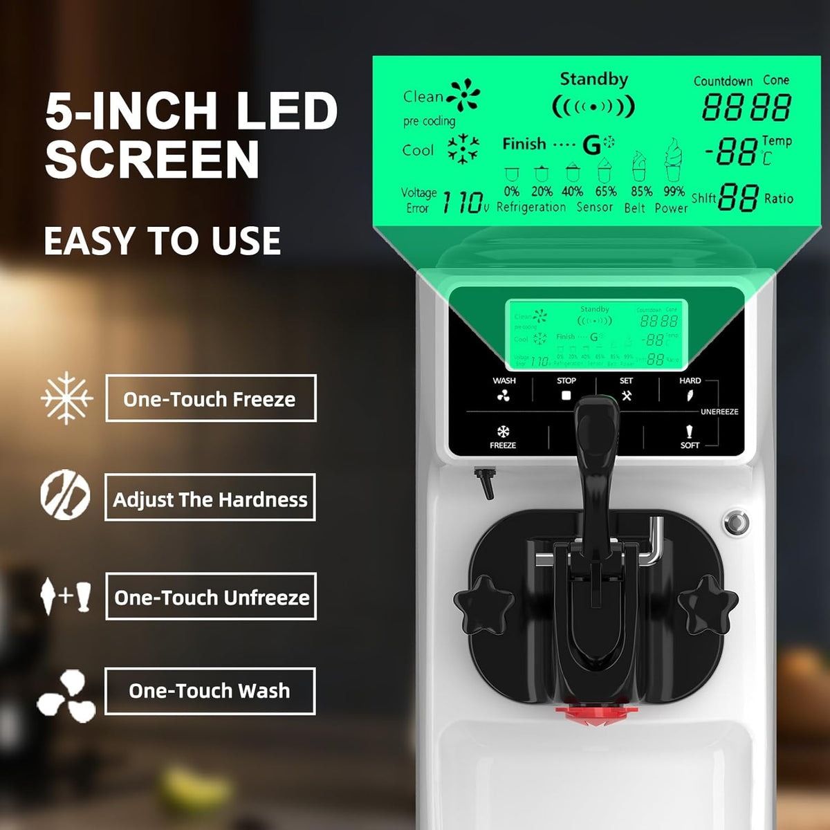 Ice Cream Maker Machine for Home, 5 Inch Screen Soft Serve Ice Cream Machine 4.2 Gals/H Single Flavor Ice Cream Maker with Pre-Cooling Soft Serve Machine with 1.6 Gals Tank for Birthday Party