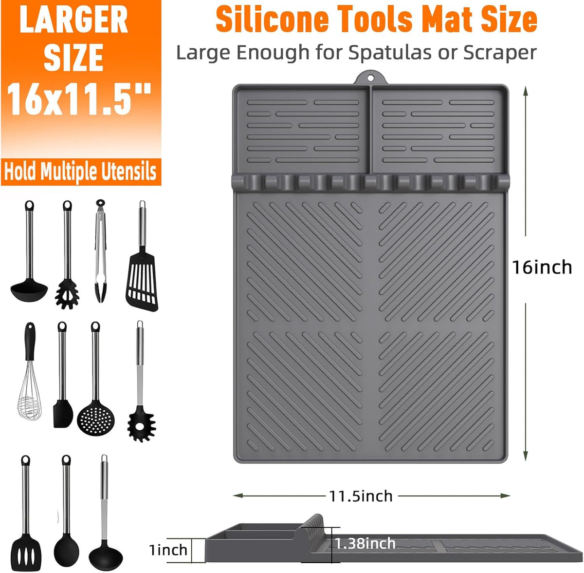 Silicone Grill Mat Compatible with Blackstone, Silicone Griddle Tools Mat with Drip Pad, Spatula Mat for Outdoor Grill Kitchen Counter (Grey)