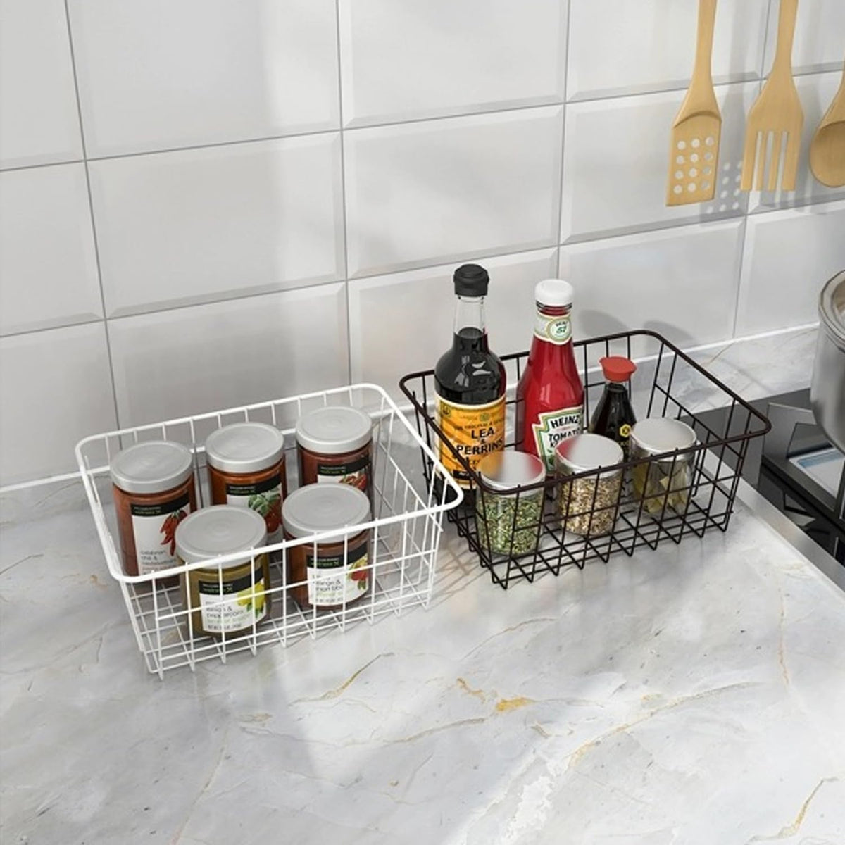 Redrubbit Wire Storage Baskets, Large Farmhouse Metal Freezer Basket Storage Organizer Bins with Handles for Kitchen Cabinets, Pantry, Closets, Bedrooms, Bathrooms, Set of 6, Black