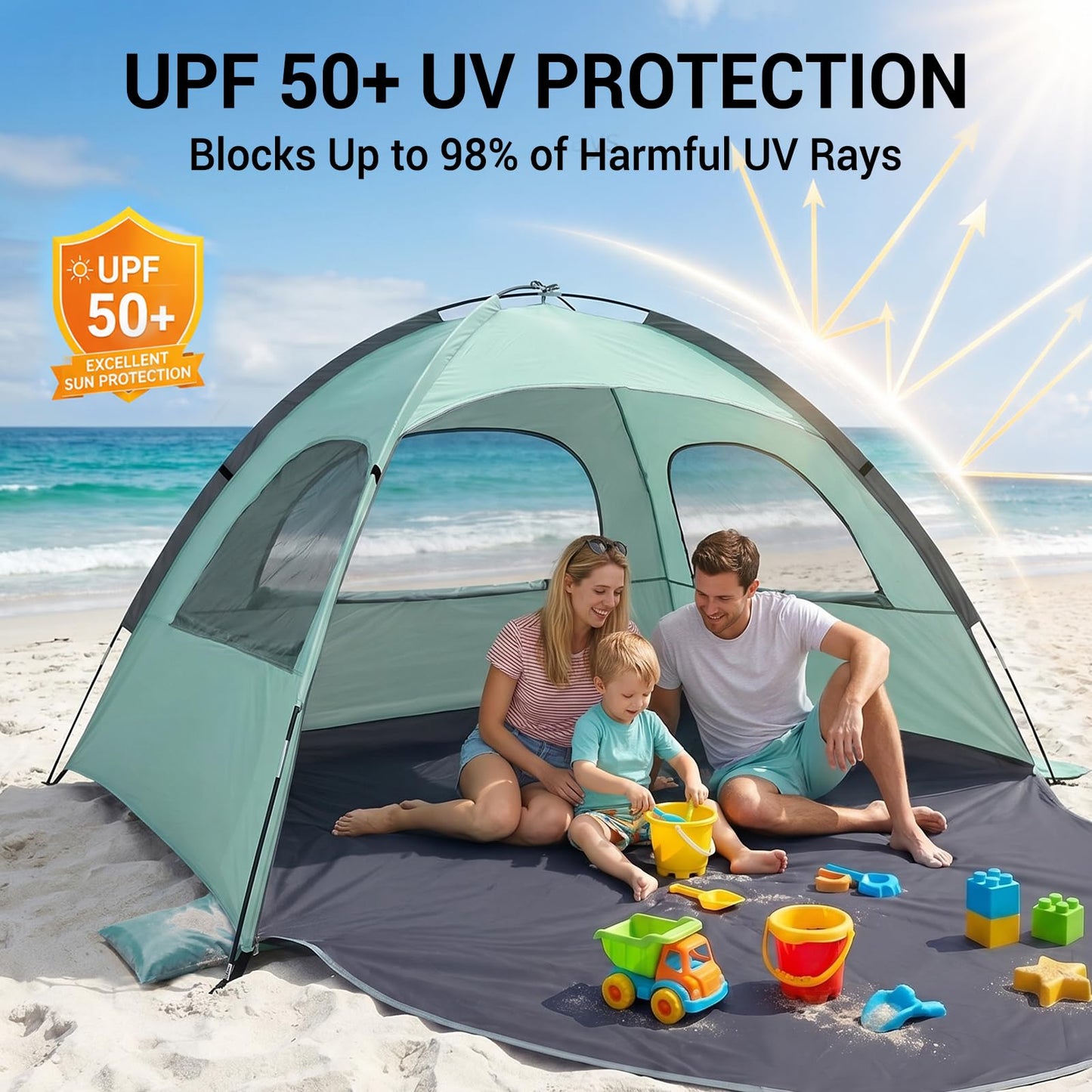 WhiteFang Beach Tent Anti-UV Portable Sun Shade Shelter for 3 Person, Extendable Floor with 3 Ventilating Mesh Windows Plus Carrying Bag, Stakes and Guy Lines (Mint Green)