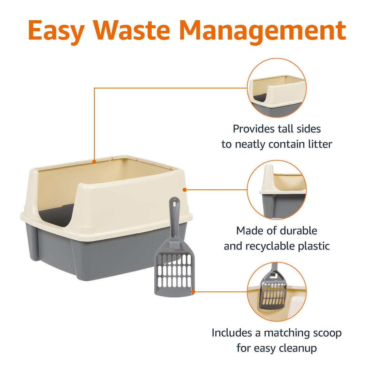 Amazon Basics Large Cat Litter Box with High Sides, Open Top for Easy Access, Includes Scoop with Storage, 19" x 15" x 11.75", Grey/Beige
