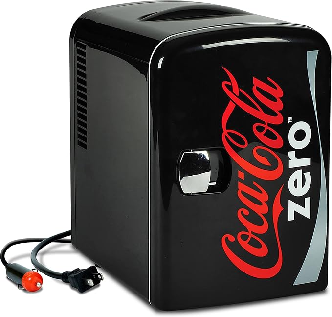 Coca-Cola Zero CZ04 4 Liter/4.2 Quarts 6 Can Portable Cooler/Mini Fridge, Beverages, Baby Food, Skincare and Medications-Use at Home, Office, Dorm, Car, RV or Boat-AC & DC Plugs Included, Black/Red
