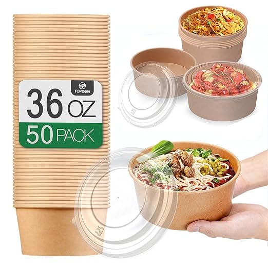 36Oz 50Pcs Large Paper Bowls with Lids, Disposable Soup Serving Bowls Bulk Party Supplies for Hot/Cold Food, Soup (36 OZ)