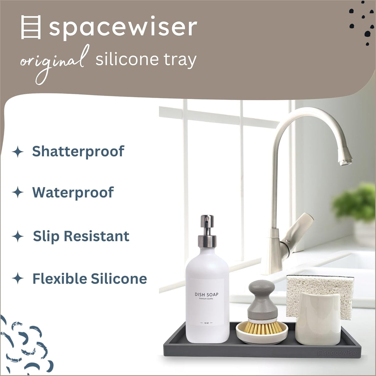 Countertop and Vanity Tray - 11.7" Silicone Bathroom Tray Countertop, Dish Soap Trays for Kitchen Counter, Sink Organizer Caddy Accessories, Toilet Plant Shower Makeup Mat Oil Holder