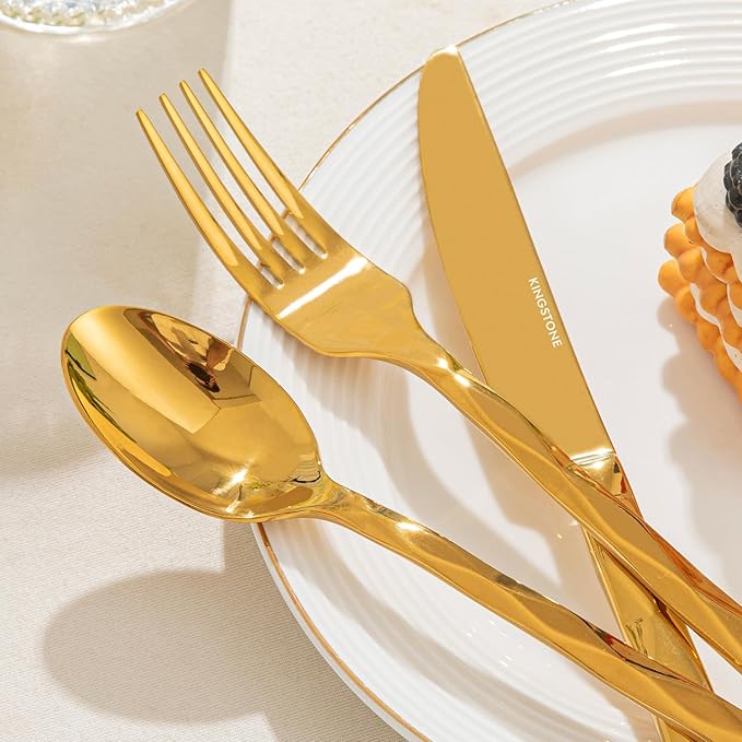 KINGSTONE Gold Silverware Set, Luxury 40 Piece Flatware Set for 8, 18/10 Stainless Steel Cutlery Set with Diamond Cut Pattern for Kitchen, Home, Wedding, Party, Mirror Polished and Dishwasher Safe