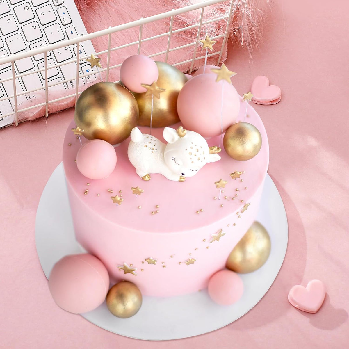 48 Pcs Balls Cake Topper Decorations Balloon Cupcake Toppers Foam Cake Topper Balls Cake Balls Decorations for Birthday Party Wedding Anniversary Cake Decorating (Pink)