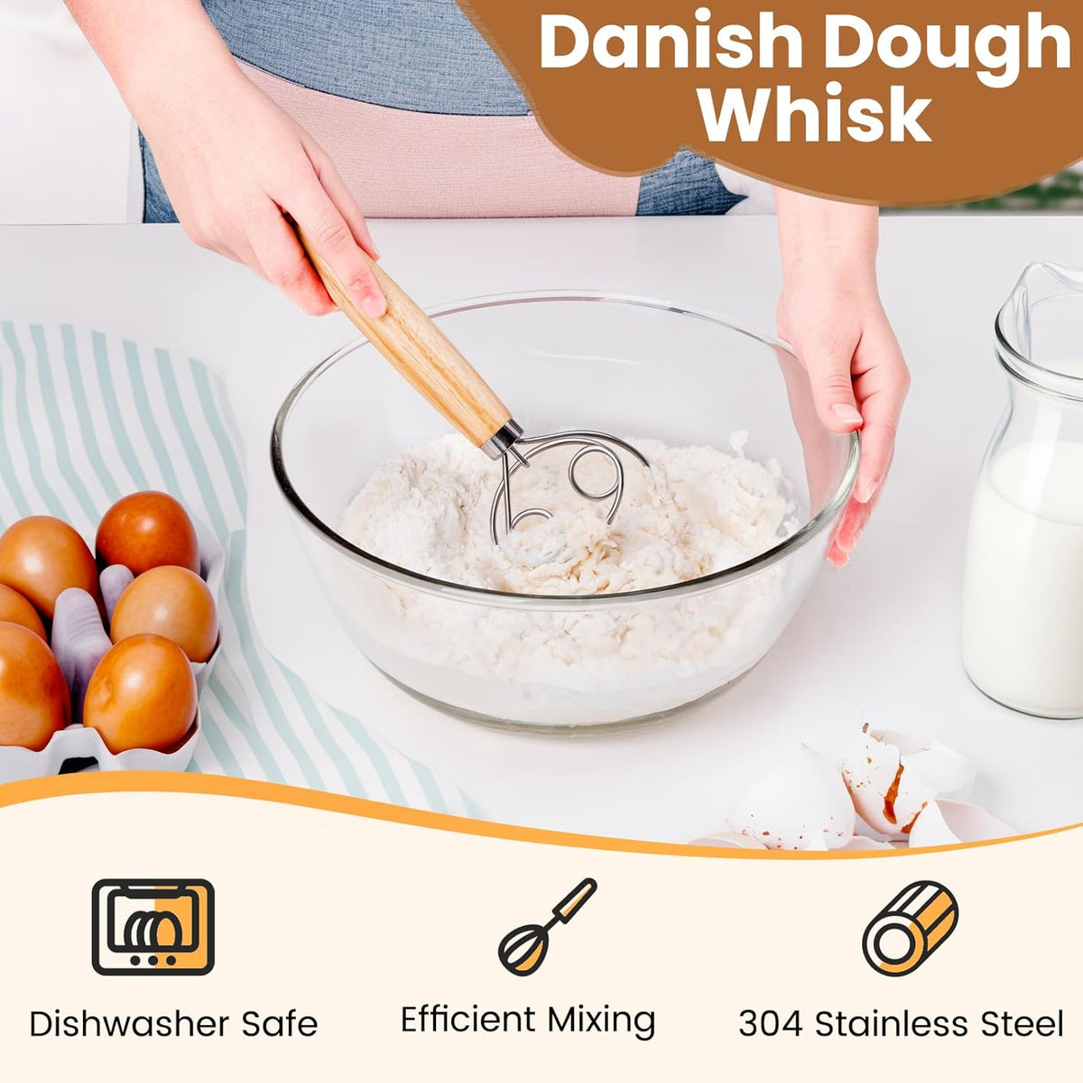 Danish Dough Whisk with Sourdough Scoring Tool, Bread Making Tools and Baking Supplies - Dough Hook Dutch Whisk, Bread Lame, Bench Scraper & Pastry Brush