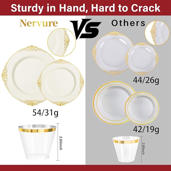 Nervure 350PCS Ivory Plastic Plates - Ivory Gold Plastic Dinnerware Sets for 50 Guests - 100 Gold Disposable Plates, 50 Pre Rolled Silverware Sets, 50 Cups Perfect for Wedding & Thanksgiving