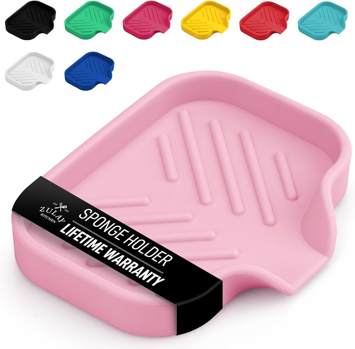 Zulay Kitchen Small Silicone Sponge Holder (4.9x3.3”) – Space-Saving Sink Organizer Tray for Sponge, Soap, Brush & More – Compact Non-Slip Dish for Kitchen & Bathroom (Pink)