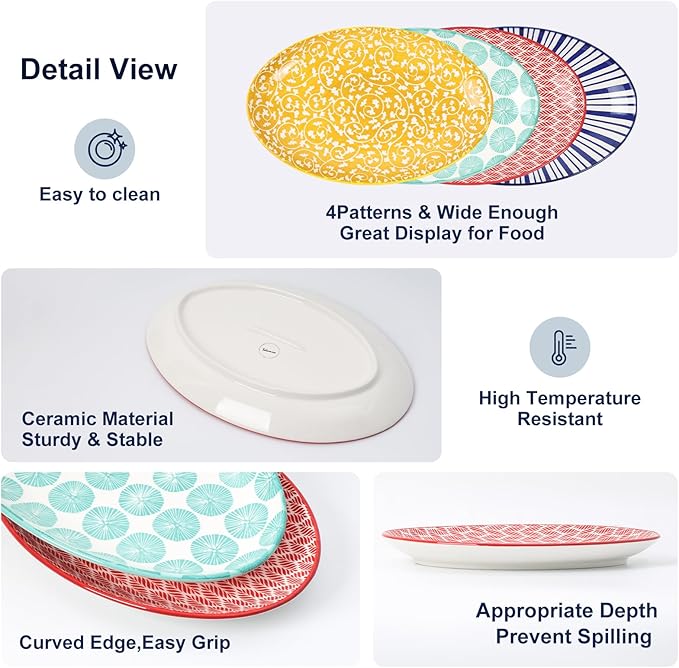 Selamica Serving Platters Ceramic, 12 Inch Serving Dishes for Party Entertaining, Oval Serving Plates for Sandwich, Appetizer, Fruit, Microwave Dishwasher Safe, Set of 4, Assorted Colors