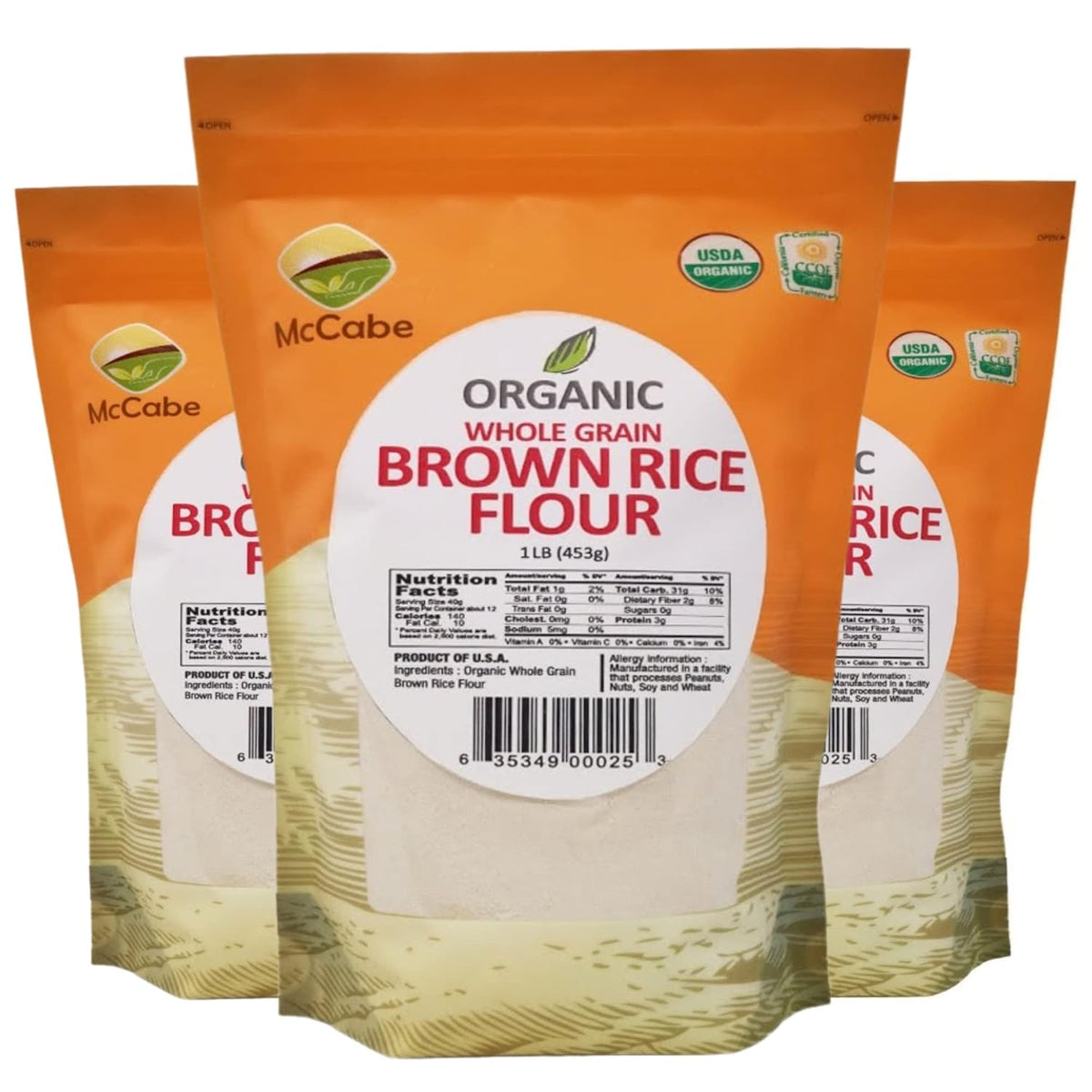 McCabe Organic Brown Rice Flour - Brown Rice Flour Organic | Rich with Fiber & Minerals | USDA and CCOF Certified | Product of USA | 1Lb (Pack of 3)