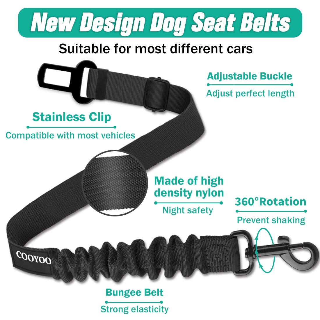 COOYOO Dog Seat Belt, Durability Retractable Dog Car Harness Adjustable Dog Seat Belt for Vehicle Nylon Pet Safety Seat Belts Heavy Duty & Elastic (1 Pack Black)
