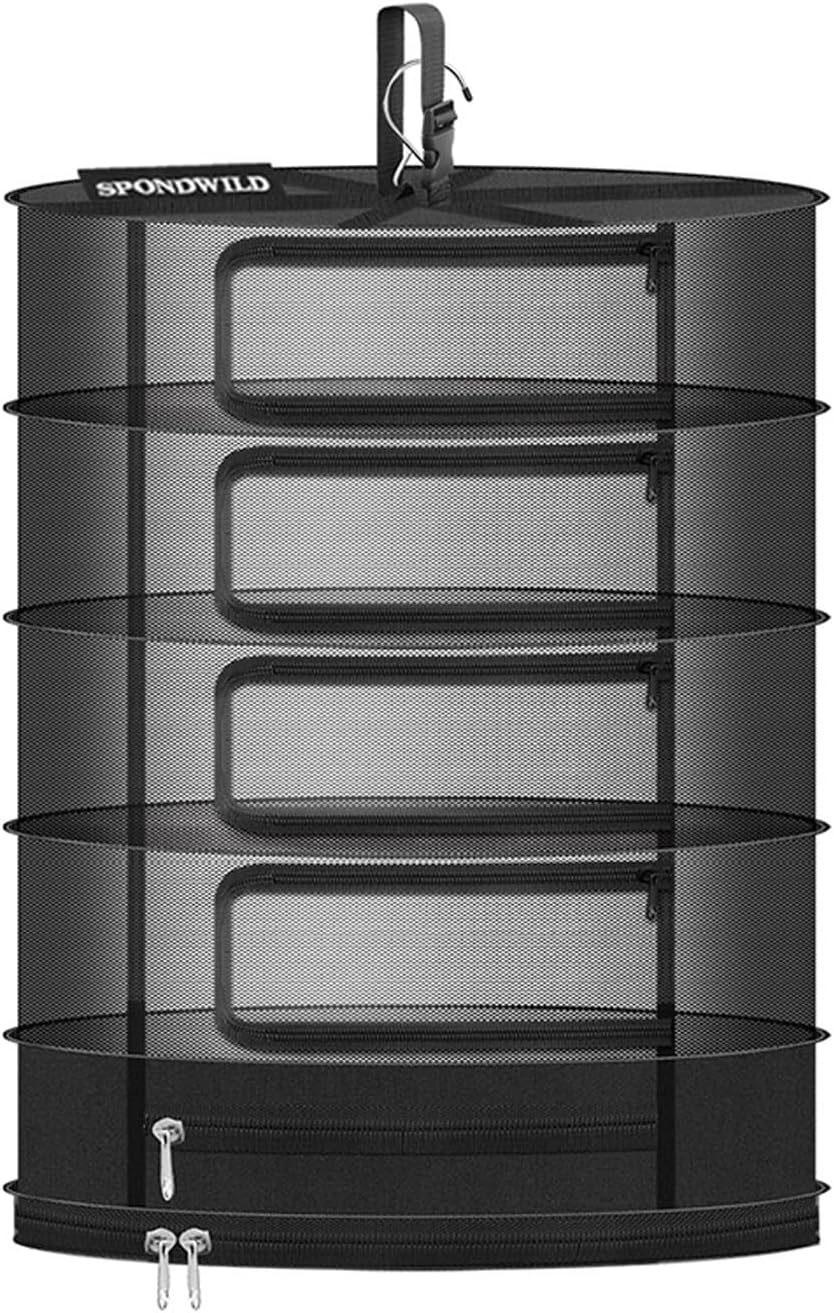 Herb Drying Rack Hanging Mesh Net，Small 4+1 Layer Plant Drying Rack with Door-Type Zipper & Closed Storage Compartment for Folding Basket Dryer Fiting in Grow Tents,Garden Outdoor