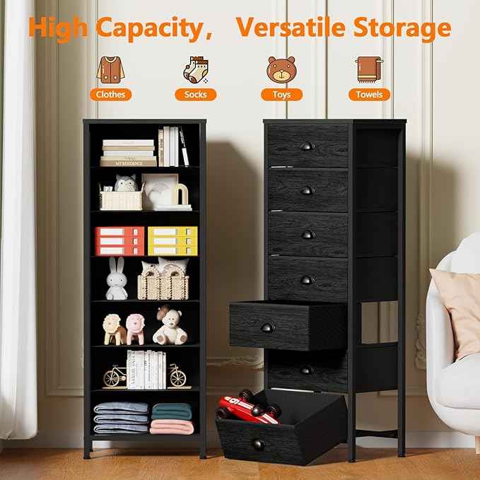 Furnulem Bedroom Dresser, Tall Chests of Drawers with 7 Fabric Bins, Black Organizer in Closet, Dorm, Living Room, Nursery, Hallyway-Storage Tower Unit, Sturdy Steel Frame