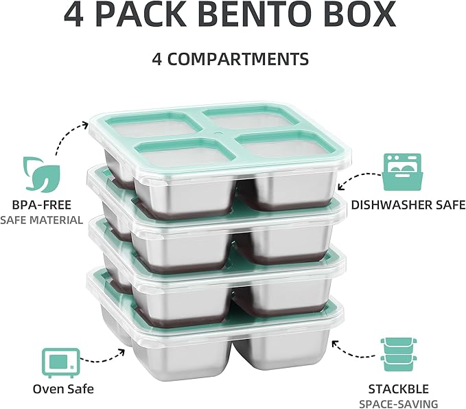 BEFOY 2 Pack Stainless Steel Snack Containers with Lids 4 Compartment Food Storage Containers for Adults Meal Prep Reusable for work or going out(blue, 2)