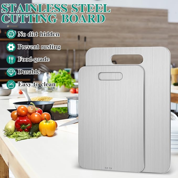 2 Pcs Stainless Steel Cutting Board for Kitchen 304 Steel Chopping Dishwasher Safe Metal Cutting Board Set for Kitchen Meat Fruit Vegetable (11.8''x7.9'',9.5''x6'')