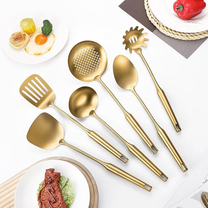 304 Stainless Steel Cooking Utensil,Kitchen Utensil with Spatula, Solid Spoon, Ladle, Skimmer, Spaghetti Spoon, 6 Piece Set, Dishwasher Safe(Gold)