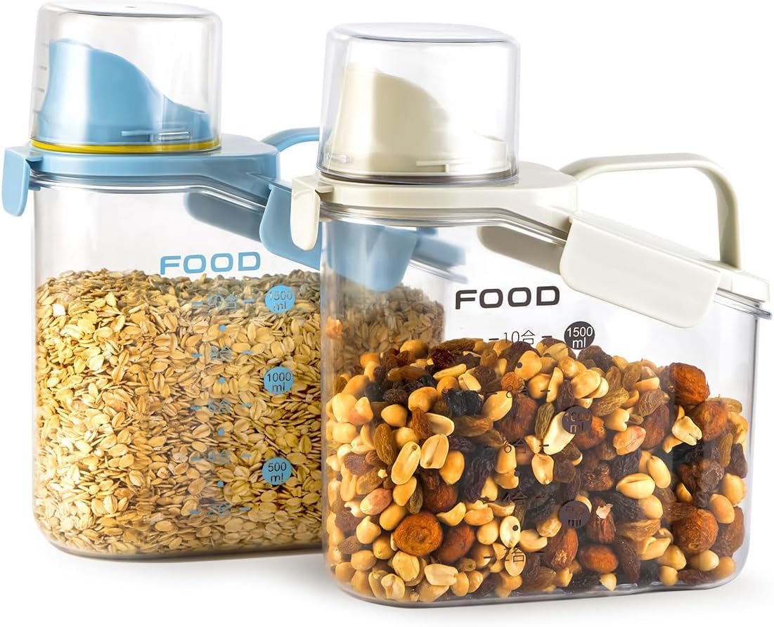 2 PCS Cereal Storage Containers, 1.5L/51oz Dry Food Rice Holder, Pet Dog Cat Food Dispenser with Measuring Cup, BPA Free Clear Plastic Kitchen Pantry Organization Bin, 1 Blue+1 White