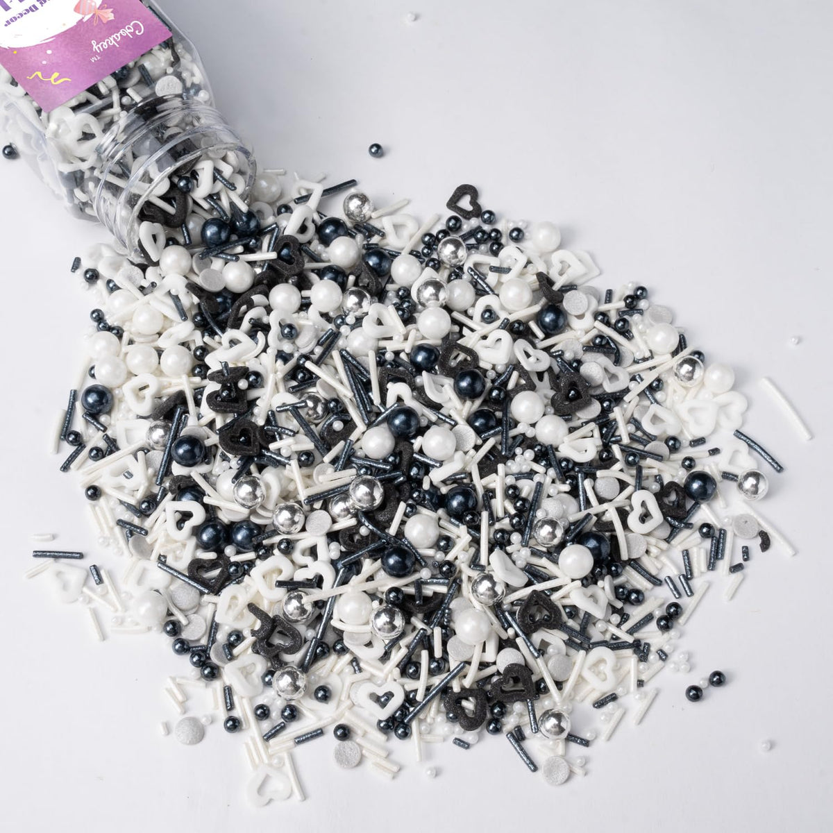 Black and White Heart Sprinkles for Cake Decorating 4.23ounce - Sugar Mix Contains Heart & Silver Pearl Sprinkles for Cupcake Toppers, Ice Cream, Candy, Cookie Decorations - Holiday Party Supplies