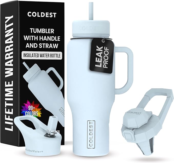Coldest Tumbler with Handle and Straw - 100% Leak Proof Insulated Tumbler with Lid and Straw (3 Lids) - Stainless Steel Tumblers for Women & Men - Cup Holder Friendly Base, 36 oz (Morning Mist)