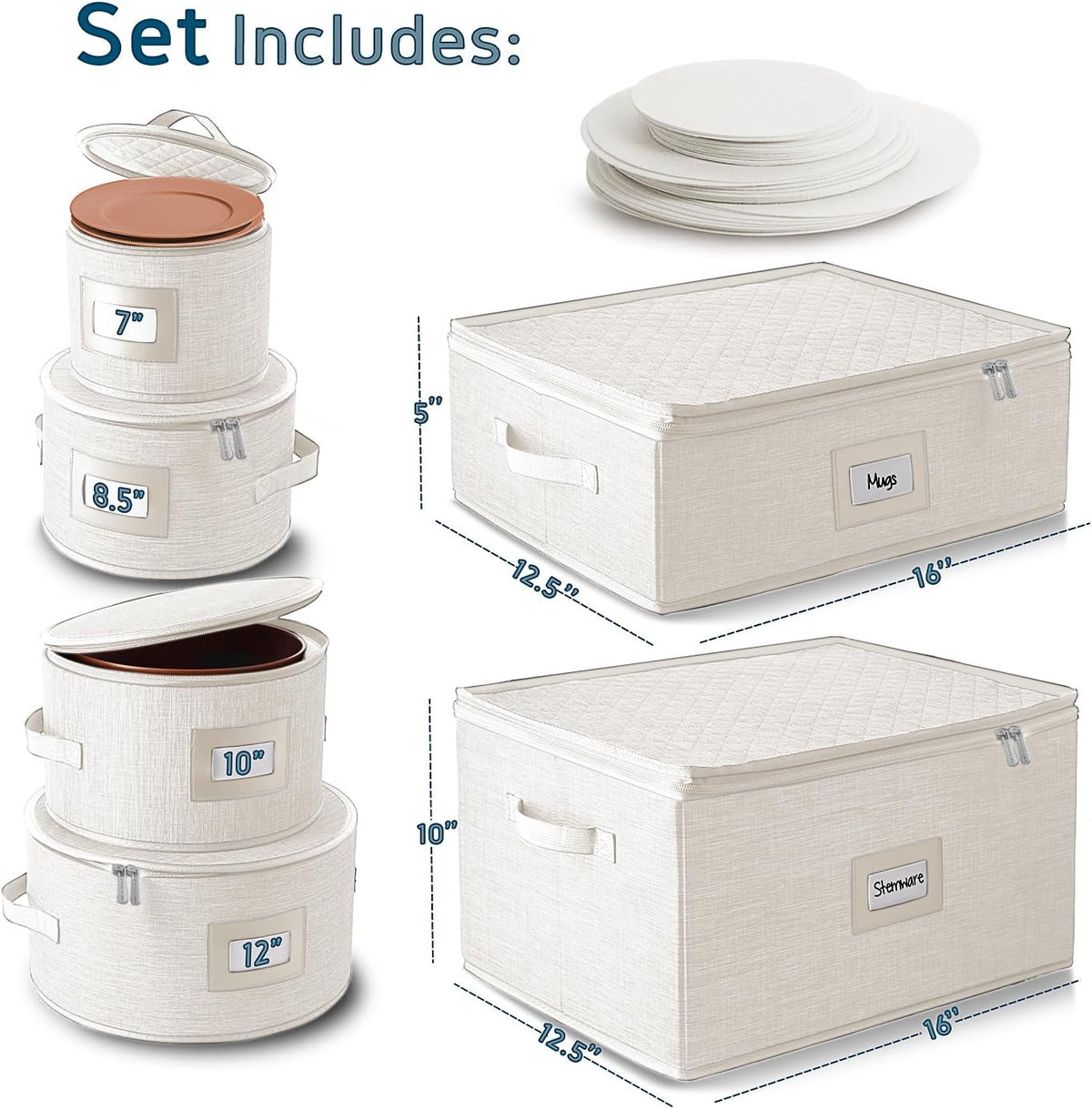 Hearth & Harbor Fine China Storage Containers, 6 Piece Dish Storage Containers, Stackable Plate Storage, Coffee Mug Storage and Wine Glass Storage Box with Dividers, Quilted Dish Organizers, Cream