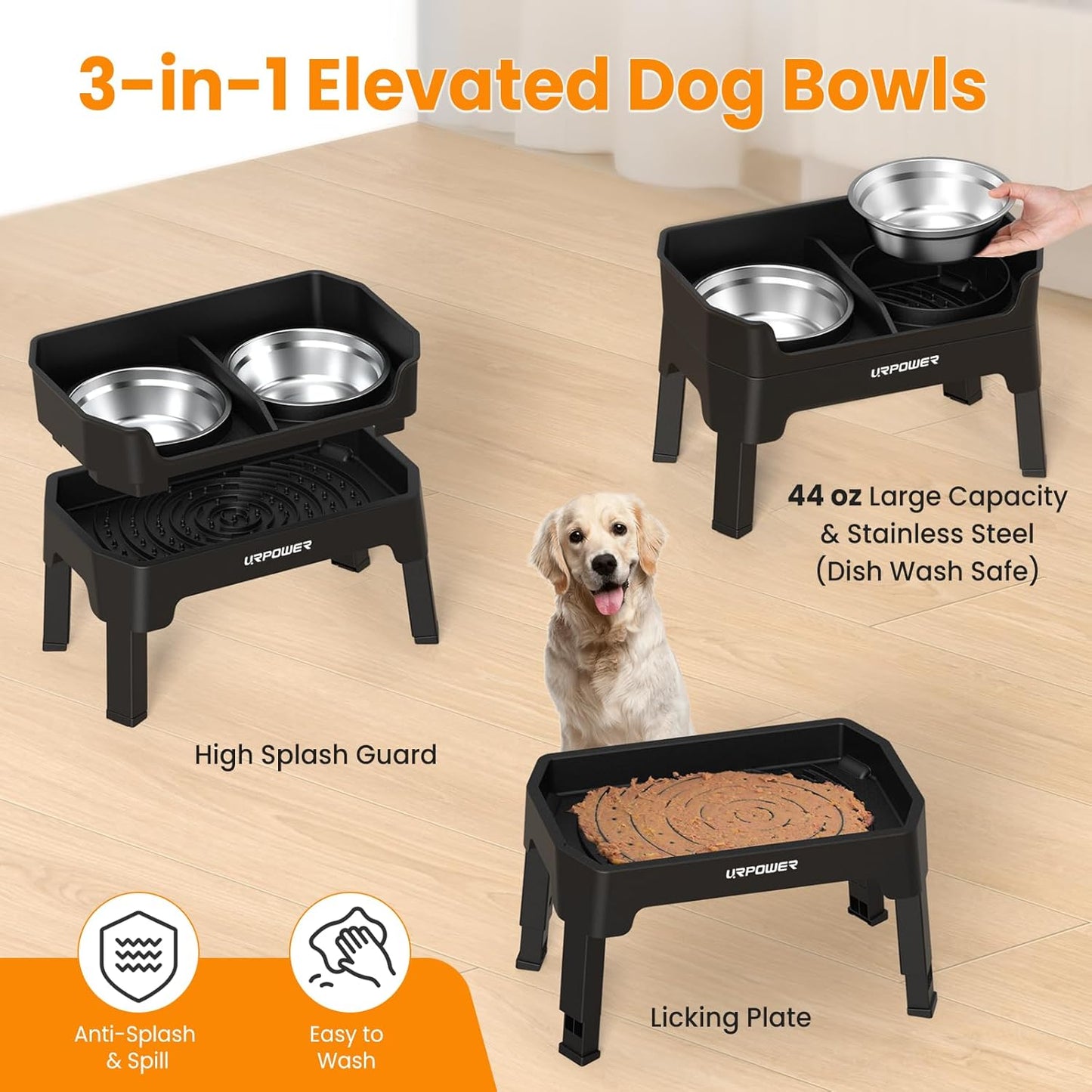 URPOWER 3-in-1 Elevated Dog Bowls - Mess Proof Double Deck 4 Height Adjustable Raised Stand with 2 Stainless Steel Food Bowls & Licking Plate for Small, Medium & Large Dogs