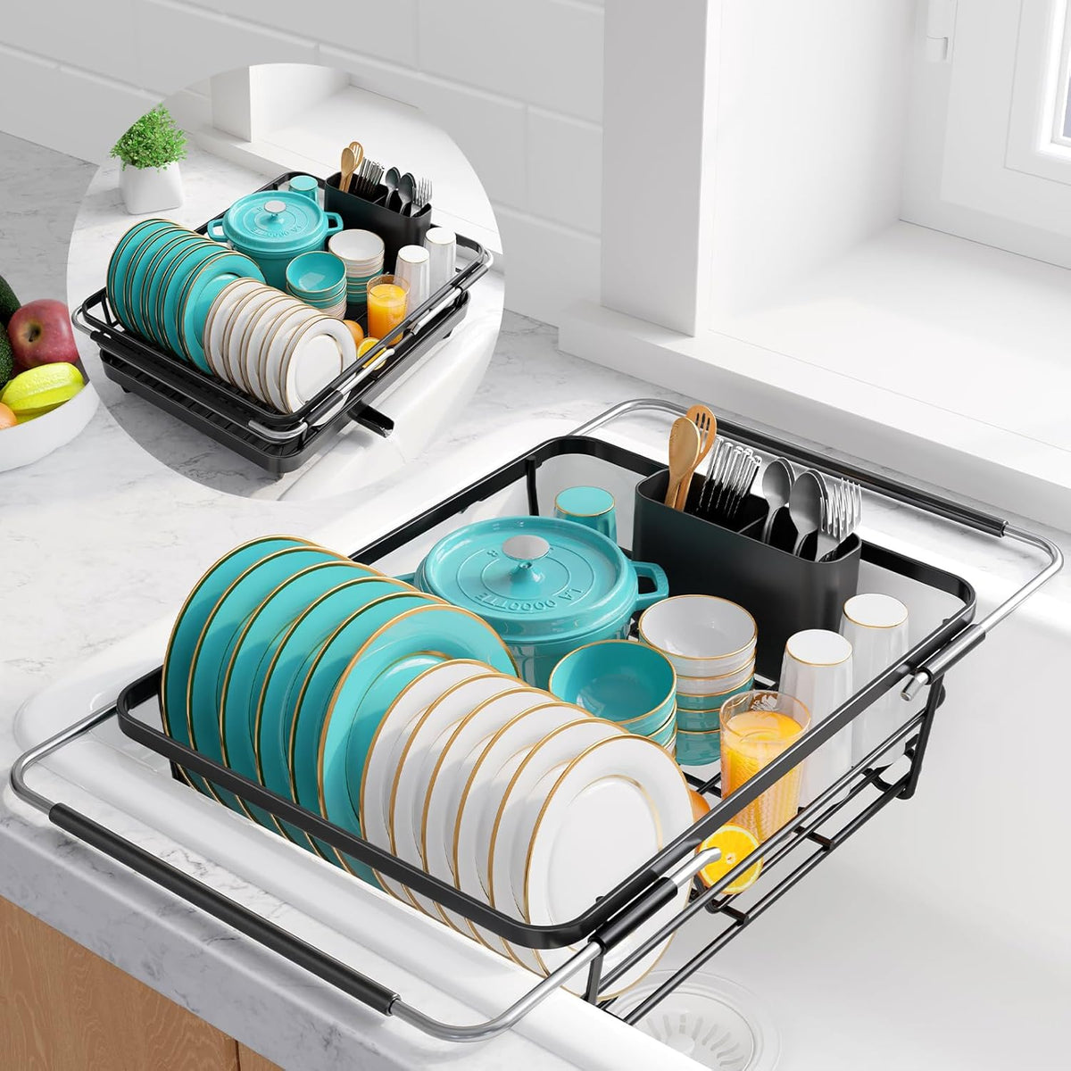 Over Sink Dish Drying Rack with Drain Board, Stainless Steel 2 in 1 Sink Organization and Storage, Dish Drainer for Kitchen Counter, Home and Apartment Essentials, 12" W x 16.1~23" L, Black