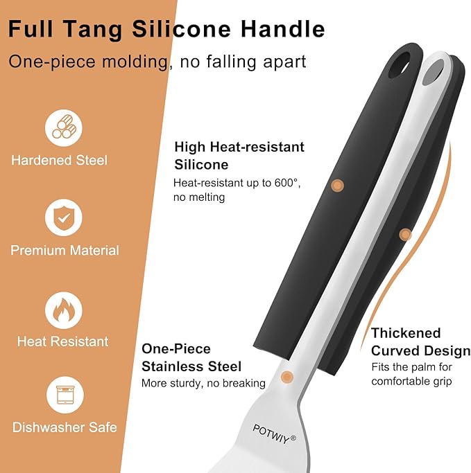 Stainless Steel Spatula Set, 13.3" Large & 11.3" Small Slotted Fish Turner with Silicone Handle, Metal Spatulas for Kitchen, Grilling, Cooking Utensils Flipper for Fish, Egg, Pancake (2 Pack)