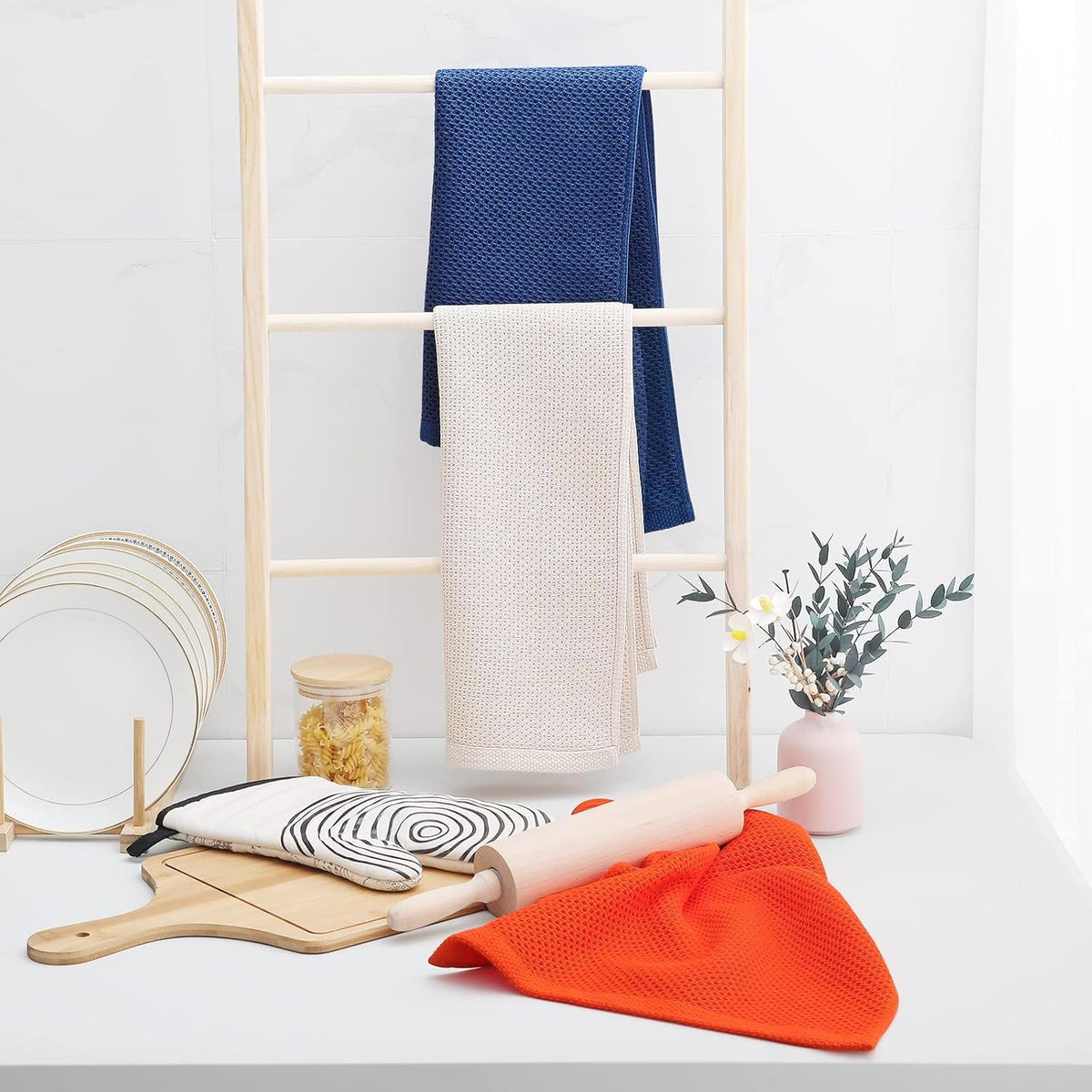 Homaxy 100% Cotton Waffle Weave Kitchen Dish Towels, Ultra Soft Absorbent Quick Drying Cleaning Towel, 13 x 28 Inches, 8-Pack, Navy Blue