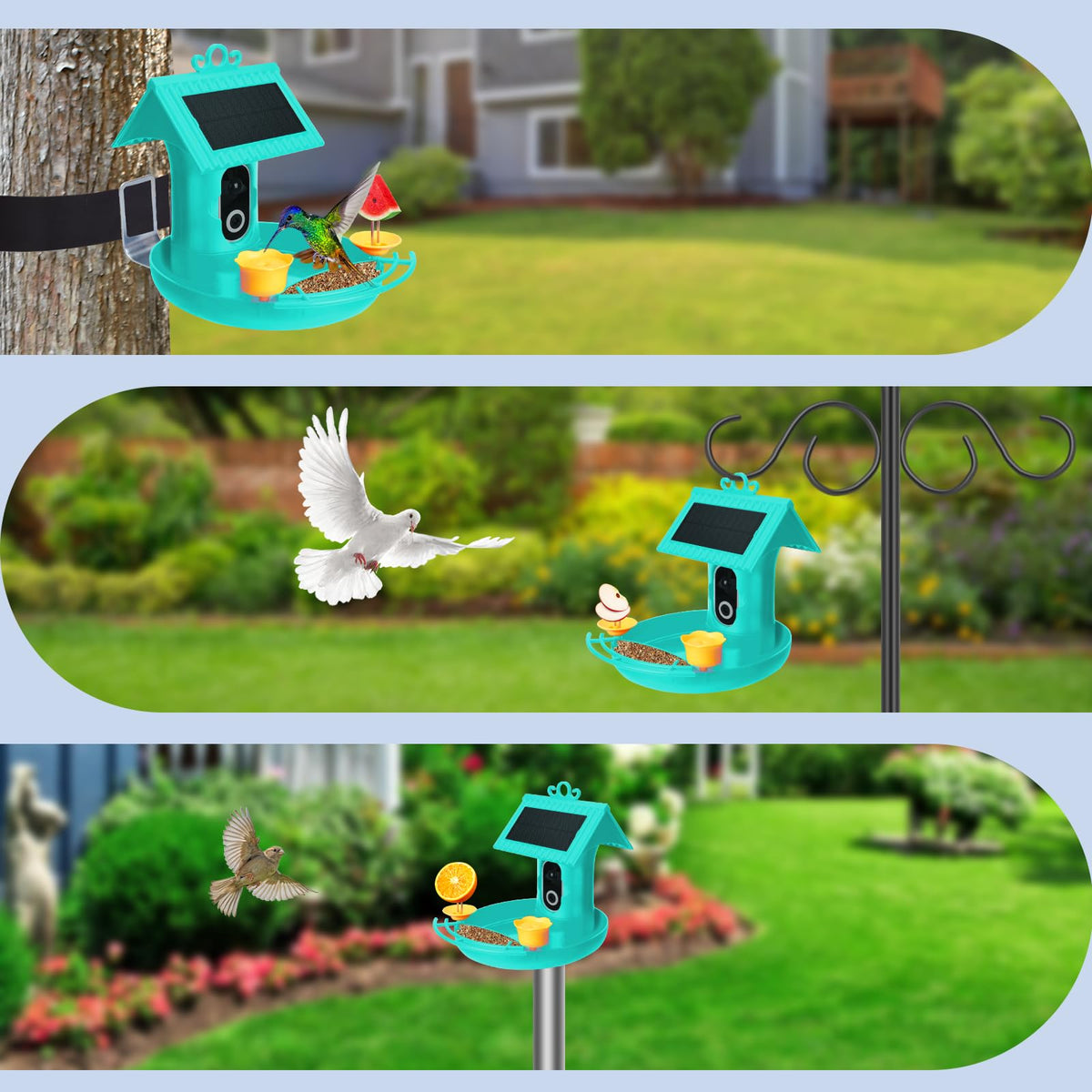 Bird Feeder with Camera - 4K HD Live View, Smart Bird Feeder Solar Powered, AI Recognition Auto Capture Video, 3-in-1 Feeding & Bathing & Hummingbird, Outdoor Garden Bird House (Blue)