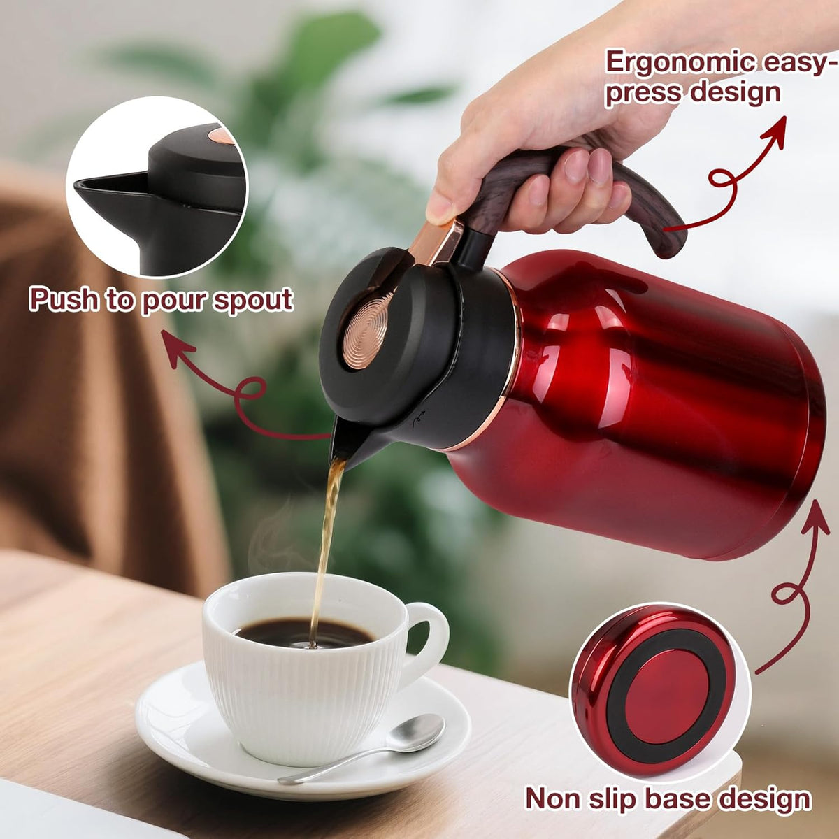 54oz Thermal Coffee Carafe, Stainless Steel Insulated Vacuum Carafe, Carafes for Keeping Hot, for Hot Water, Tea, Cold Drinks (Red)