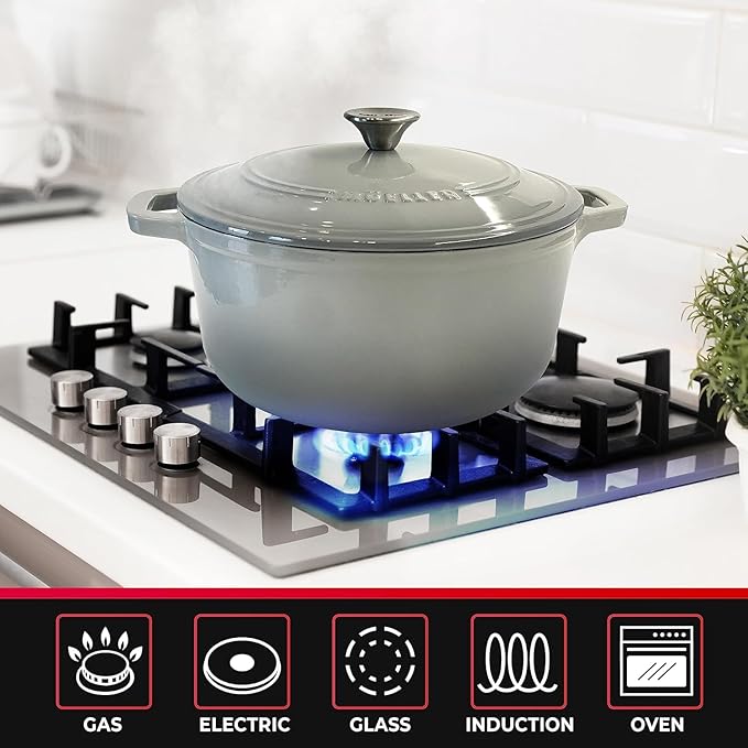 MUELLER HOME 7.5 QT Enameled Cast Iron Dutch Oven, Heavy-Duty, Oven-Safe up to 500° F & Across All Cooktops, Casserole Dish and Braiser Pan with Lid and Stainless Knob, Grey