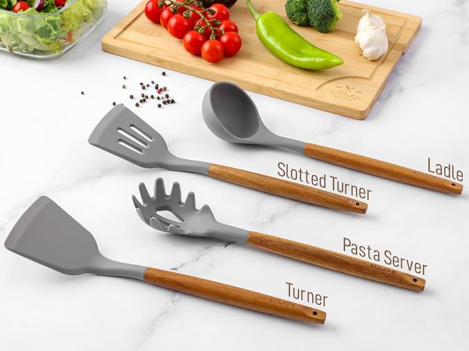 Zulay Kitchen Utensils Set Non-Stick Silicone Cooking Utensils Set with Authentic Acacia Wood Handles - 8 Piece Set - Silicone Kitchen Utensils Set with 464°F Heat Resistance - Gray