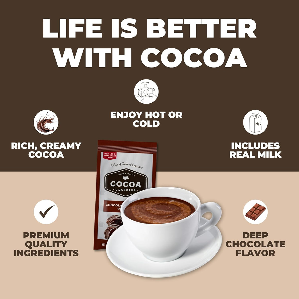 Cocoa Classics Chocolate Supreme Cocoa Mix, Hot Chocolate, Made with Nonfat Milk, Just Add Hot Water, Make Hot or Iced Cocoa, Gluten Free & Kosher Dairy Friendly, 1.25oz Packets (Pack of 36)