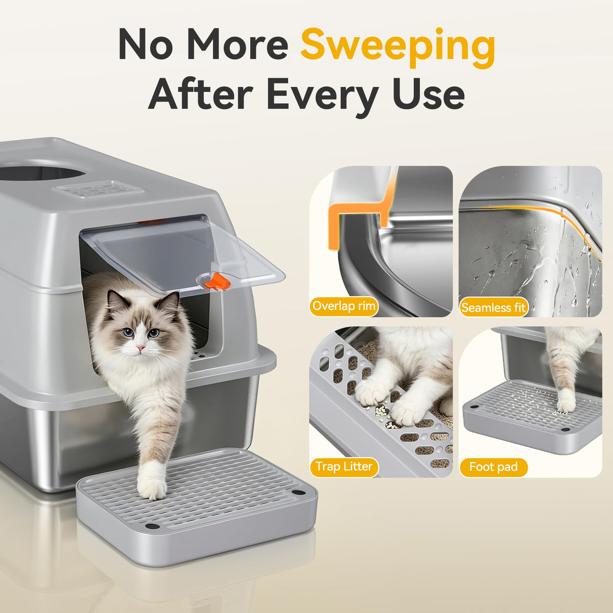 Tevila XL Enclosed Stainless Steel Litter Box with Lid, Light Gray