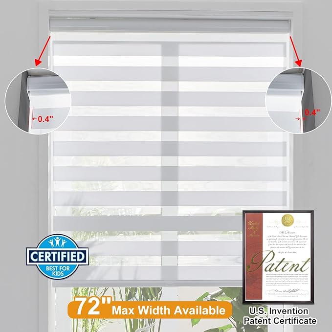 Persilux Zebra Blinds for Windows, Cordless Roller Shades Window Treatments (69" W x 72" H, White) Light Filtering Dual Layer Roller Window Shades Light Filtering Sheer Shades for Home and Office