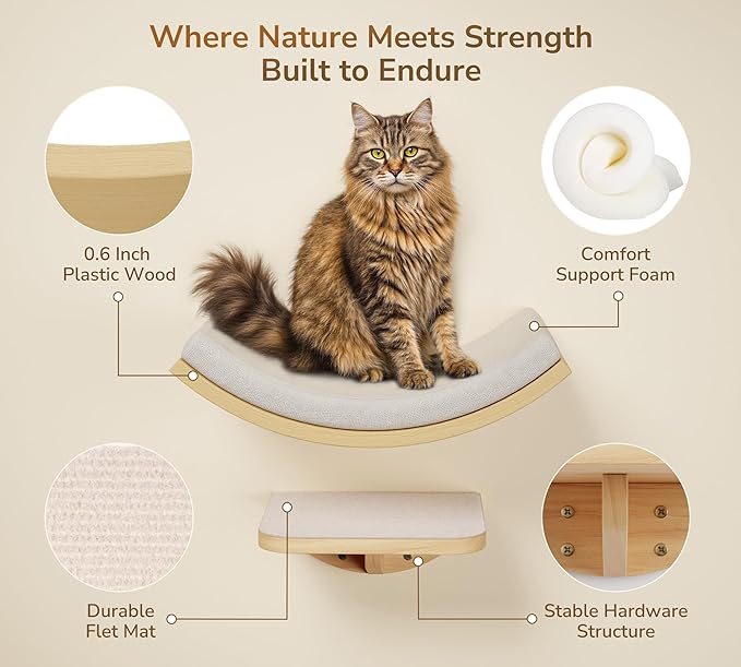 Cat Wall Shelves and Cats Window Perch – Natural Wood 4-Piece Set with Foam-Padded Curved Bed and Felt Steps, Space-Saving Wall Mounted Design