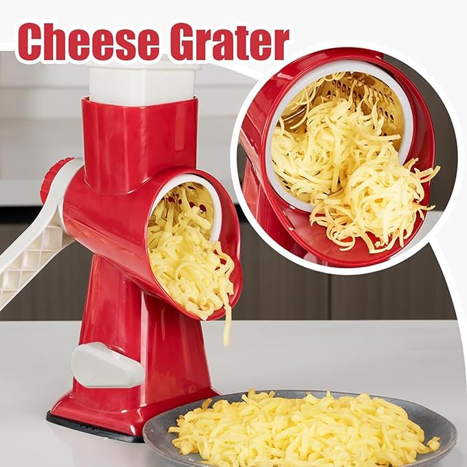 Rotary Cheese Grater with Handle, Multifunctional Kitchen tool, Stainless Steel Rotary Grater Slicer for Fruit, Vegetables, Nuts (Red)