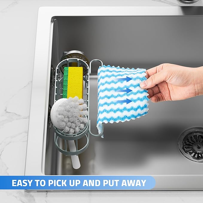 Cisily Sage Green Kitchen Sink Caddy Sponge Holder in the Sink, Stainless Steel Kitchen Organizer, Brush Holder, Dish Cloth Hanger 2 Installation Ways (Suction & Adhesives