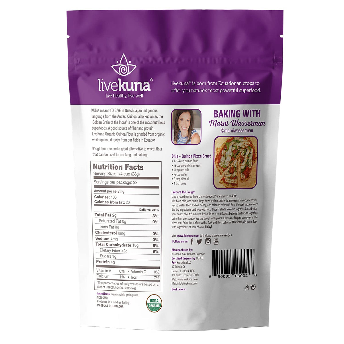 LiveKuna Organic Quinoa Flour - Gluten Free All Purpose Flour & Wheat Flour Alternative For Baking & Cooking Recipes - Vegan Quinoa Flour, Rich In Protein & Fiber for Keto & Paleo Diets, 32oz Bag