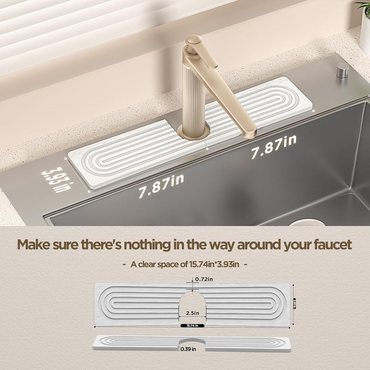 Faucet Mat for Kitchen Sink, Diatomite Stone Drying Sink Protectors, Bathroom Faucet Splash Guard, Quick Dry Water Absorbing, Non-Slip Stone Tray for Kitchen Counter, White, 15.7" x 3.9"