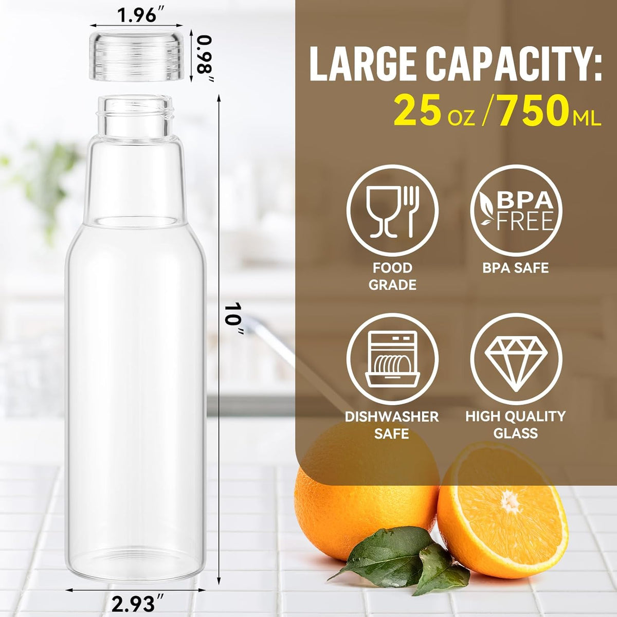 25 Oz Glass Bottles with Lids, Glass Juice Bottles, Smoothies, Water, Milks, Beverage Storage, Clear Glass Jars for Pickles, Food Storage (4 Pack)