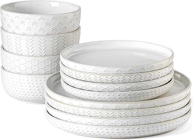 Stoneware Dinnerware Sets Service for 4, 12 pcs Reactive Glaze Plates and Bowls Sets, Embossed Boho Ceramic Dish Set, Highly Chip and Crack Resistant Farmhouse Plate Set, Ivory White