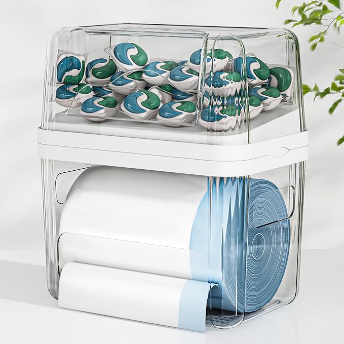 2-in-1 Trash Bag Holder Laundry & Dishwasher Pods Container,Garbage Bag Dispenser with Removable Lids,Kitchen Organizer and Under Sink Storage Box