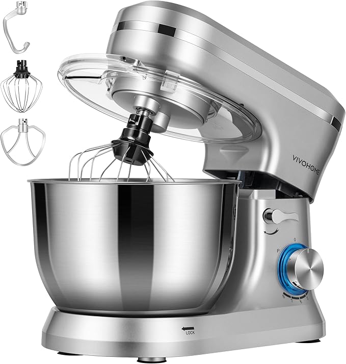 VIVOHOME 4.75 Quart Stand Mixer, 8 Speed Kitchen Electric Food Mixer, Household Stand Mixer for Baking, Cake, Bread with Beater, Dough Hook, Wire Whip and Egg Separator, Silver