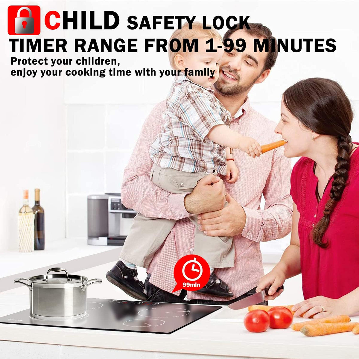 Karinear Drop-in 4 Burner Electric Cooktop 24 Inch Radiant Cooktop, Electric Stove Top with Residual Heat Indicator, Child Safety Lock, Timer, 220-240V, 6000W, Hard Wire(No Plug)