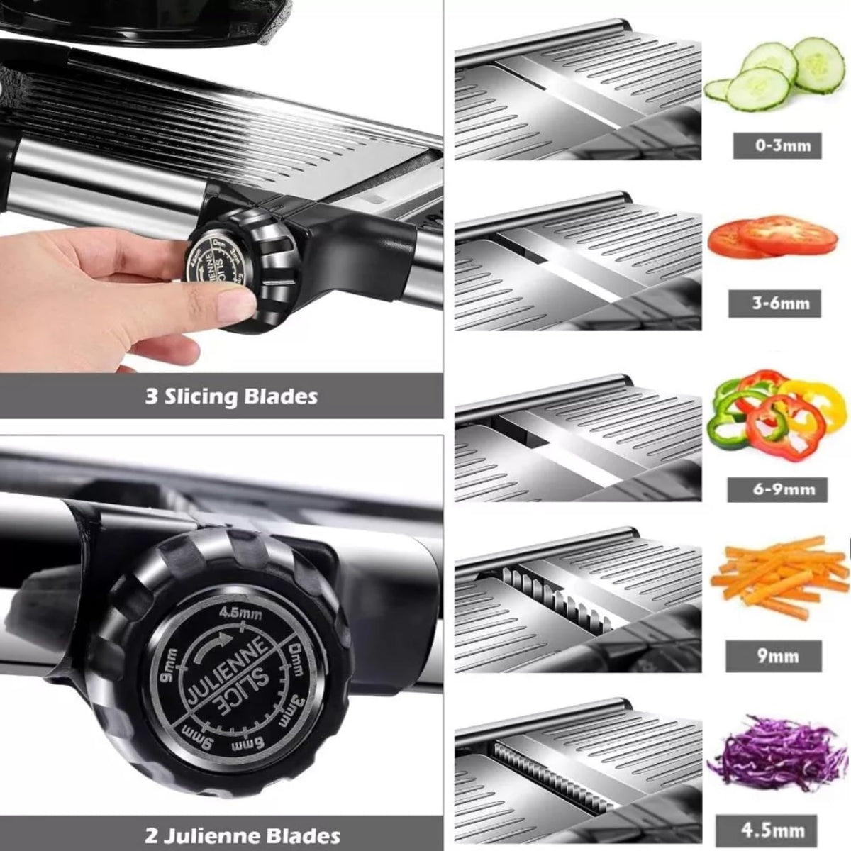 Adjustable Mandoline Slicer for Vegetables, Fruits, Stainless Steel with Cut-Resistant Gloves, Black/Silver