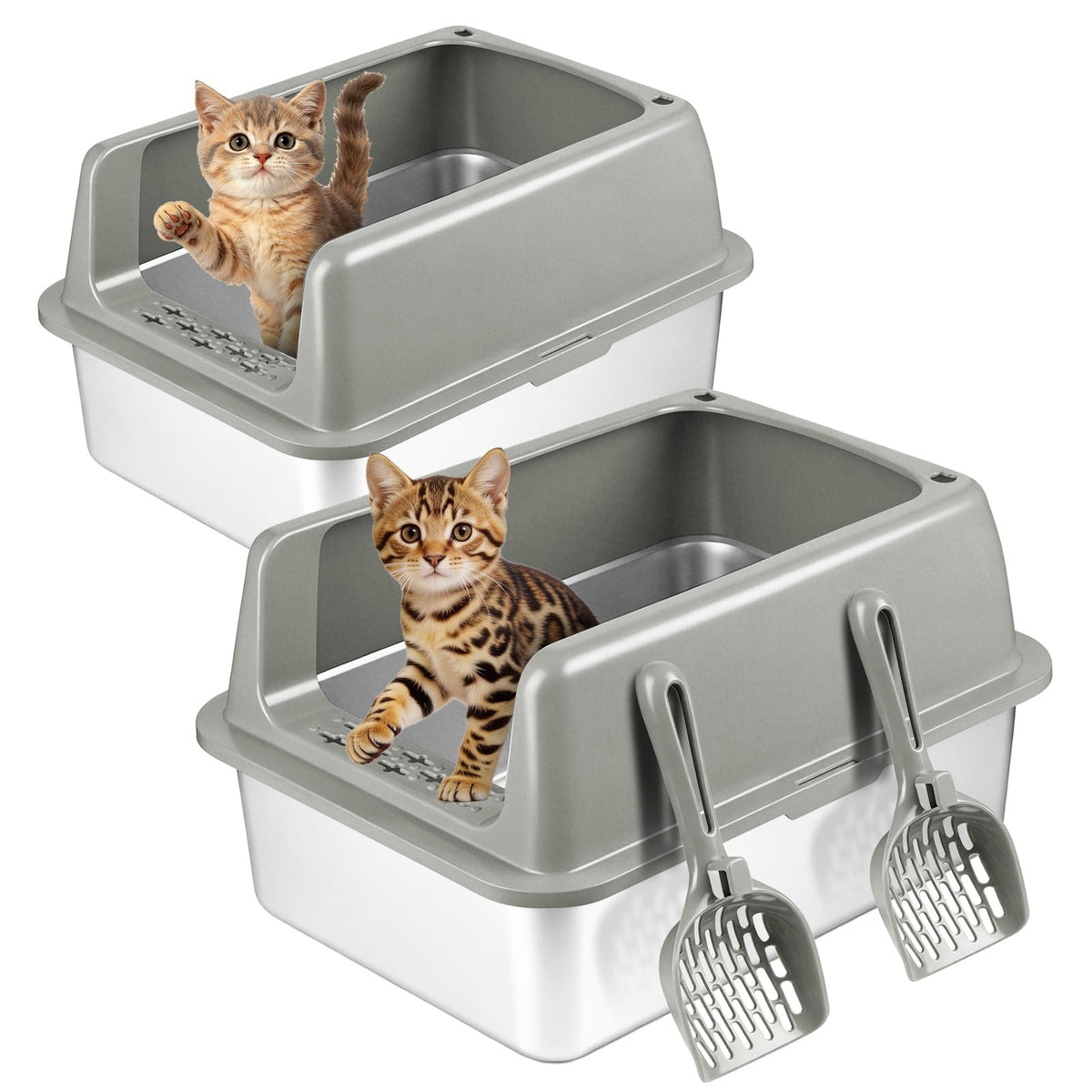 Kirecoo 2 Pack Medium Semi-Enclosed Stainless Steel Cat Litter Box with Lid